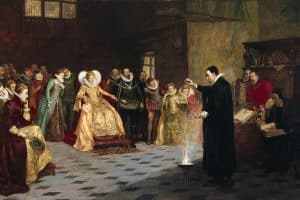 « John Dee réalisant une expérience devant Elizabeth I » par Henry Gillard Glindoni, vers 1900*.