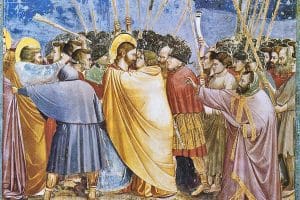 L'arrestation de Jésus (Le baiser de Judas) par Giotto di Bondone, v. 1305 [Chapelle des Scrovegni, Padoue].