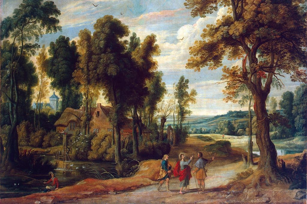 Paysage avec le Christ et ses disciples sur le chemin d’Emmaüs, vers 1640, par Jan Wildens (1586-1653).