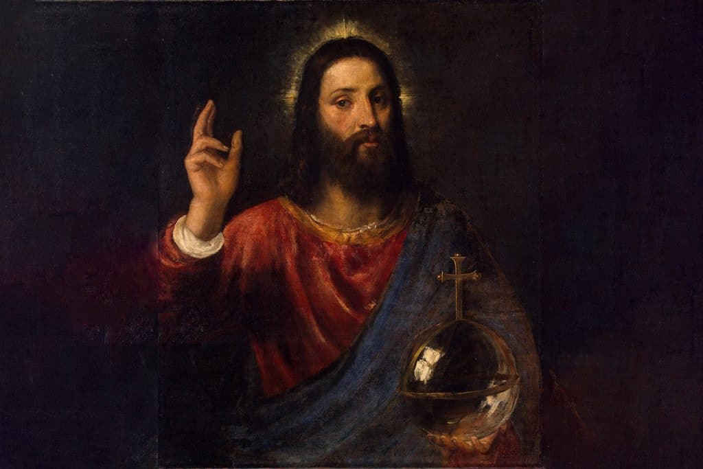 Salvator Mundi (vers 1570), par le Titien. Dans sa main gauche, le Christ tient le globe terrestre.