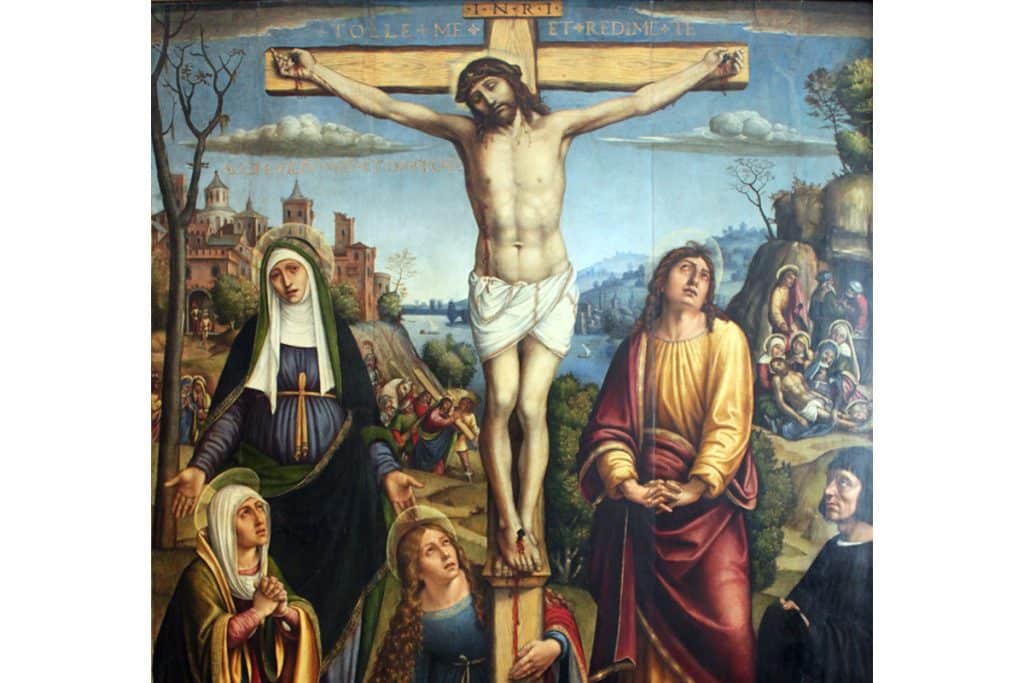 Christ sur la Croix, pleuré par les trois Marie, Jean et un donateur par Pier Francesco Sacchi, 1514.