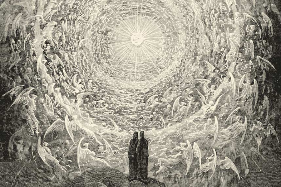 Rosa Celeste : Dante et Béatrice contemplent le plus haut ciel, L’Empyréen (Paradiso Canto 31) de Gustave Doré, 1868.