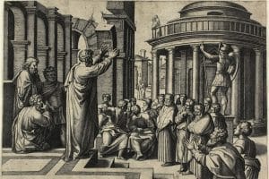 Saint Paul prêchant à Athènes par Marcantonio Raimondi (d'après Raphaël), vers 1517-20