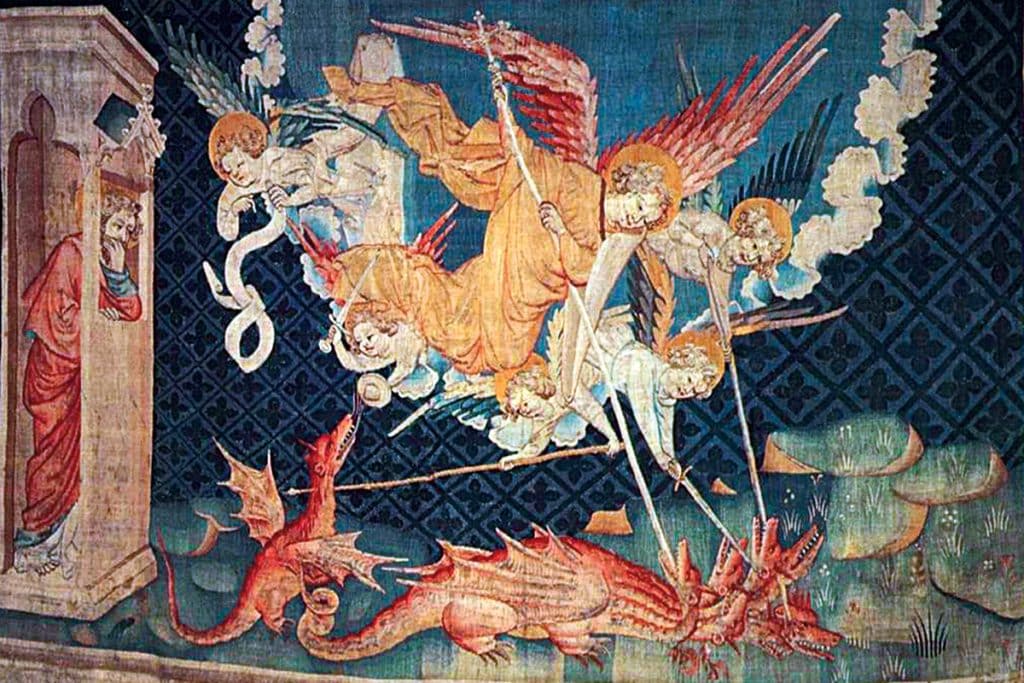 « Saint Michel combattant le dragon », entre 1375 et 1382, trente-sixième tapisserie de la tenture de l’Apocalypse, Robert Poisson, château d’Angers.