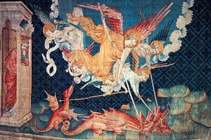 « Saint Michel combattant le dragon », entre 1375 et 1382, trente-sixième tapisserie de la tenture de l’Apocalypse, Robert Poisson, château d’Angers.