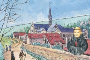 L'abbaye Sainte-Marie-de-la-Pierre-qui-Vire, Yonne, et le Père Muard. Dessin de Gilles Bexon.