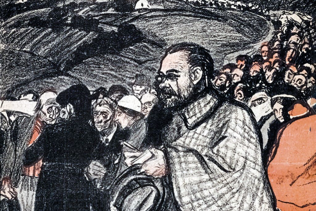 Émile Zola à Lourdes, dessin paru en une de Gil Blas, août 1892.