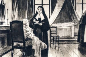 Sainte Bernadette soignant des malades dans l'infirmerie où elle mourra.